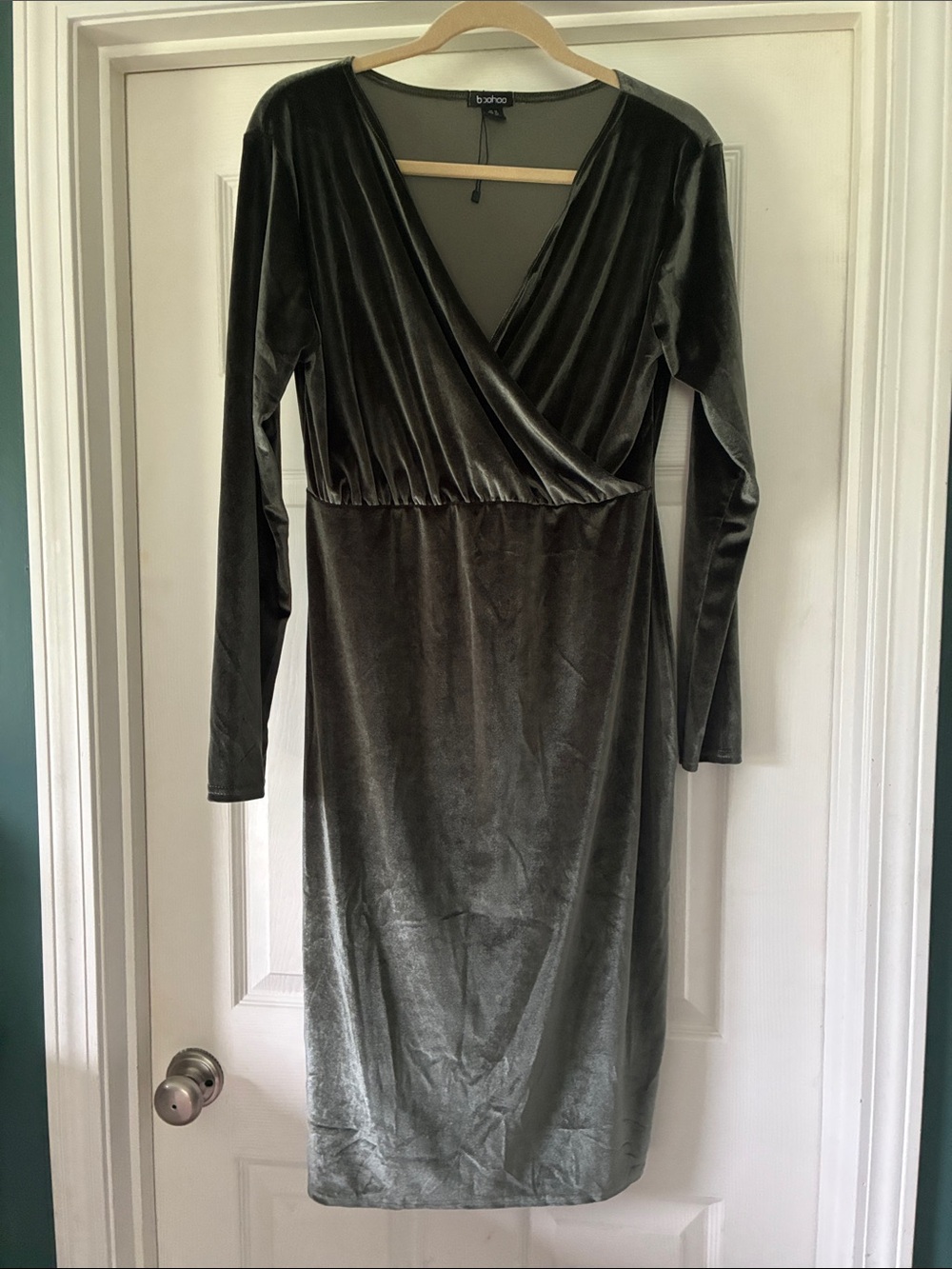 Boohoo Olive Velvet Surplice Midi Dress - Long Sleeve